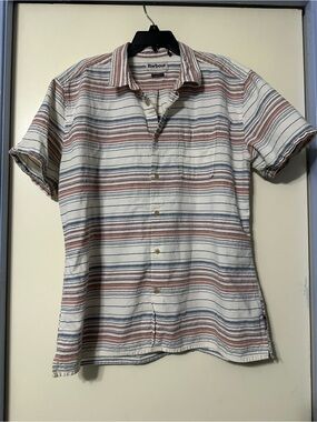 Barbour Cream Shirt with Rust and Blue Stripes